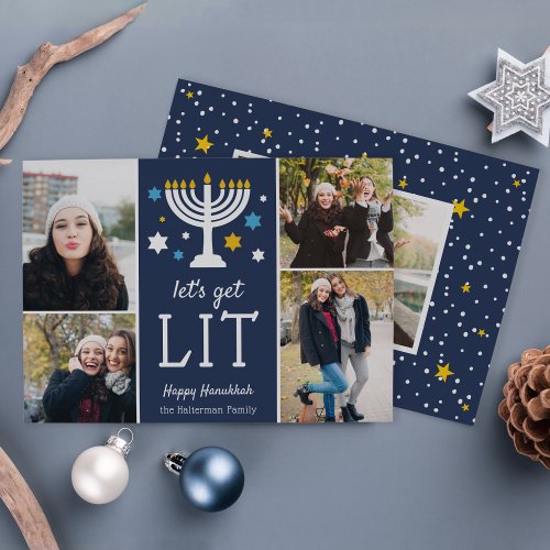 Lets Get Lit  Funny Hanukkah Photo Collage Holiday Card