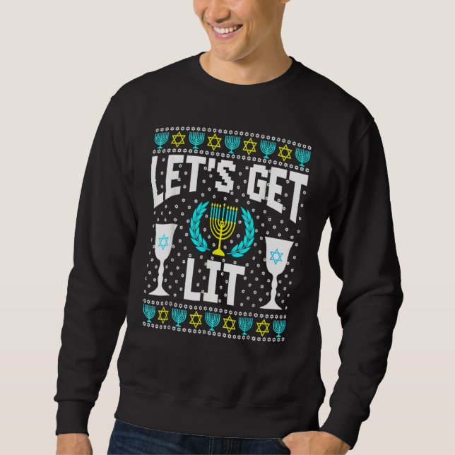 Let's Get Lit Hanukkah Jew Menorah Jewish Chanukka Sweatshirt (Front)