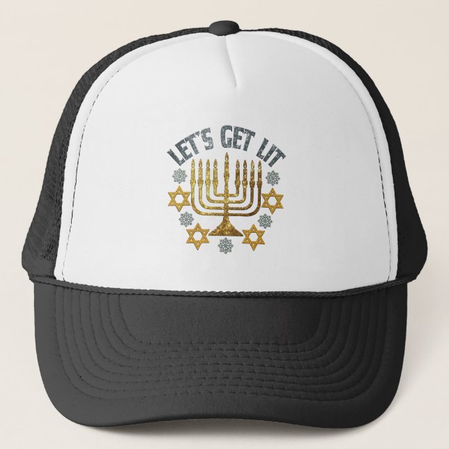 Let's Get Lit - Happy Hanukkah Jewish Holiday Gift Trucker Hat (Front)