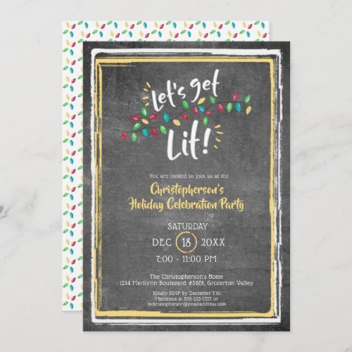 LETS GET LIT  Holiday Lights  Chalkboard Party Invitation