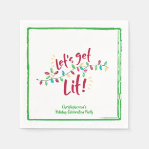LET'S GET LIT Holiday Lights Green Border Napkins