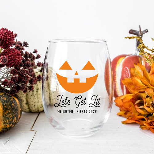 Lets Get Lit  Jack OLantern Halloween Party Stemless Wine Glass