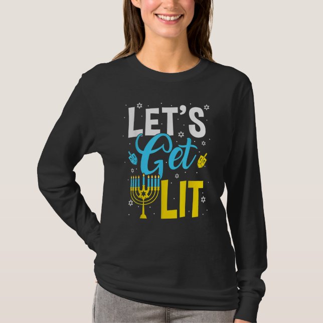 Let's Get Lit Menorah Hanukkah Jewish T-Shirt (Front)