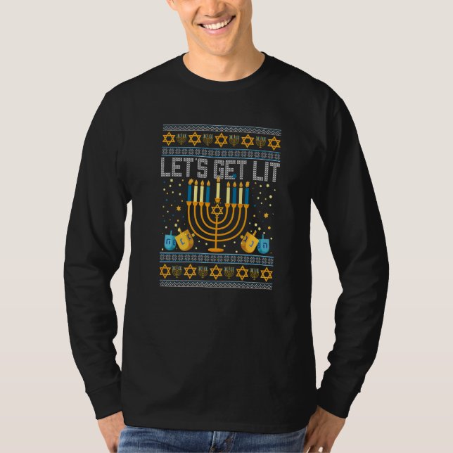 Lets Get Lit Menorah Jewish Pun Ugly Hanukkah Chan T-Shirt (Front)