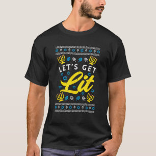 Lets Get Lit Menorah Jewish Pun Ugly Hanukkah Chan T-Shirt