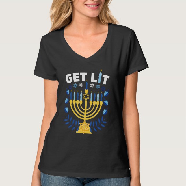 lets get lit menorah ugly  hanukkah chanukkah chri T-Shirt (Front)