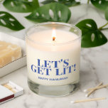 Let's get Lit! Modern Blue Typography Fun Hanukkah Scented Candle<br><div class="desc">NewParkLane - Fun,  personalized scented candle for Hanukkah,  with funny quote 'Let's get Lit! '  in a modern,  blue typography.

Check out this collection for matching items. Do you have specific personal design wishes? Feel free to contact me!</div>
