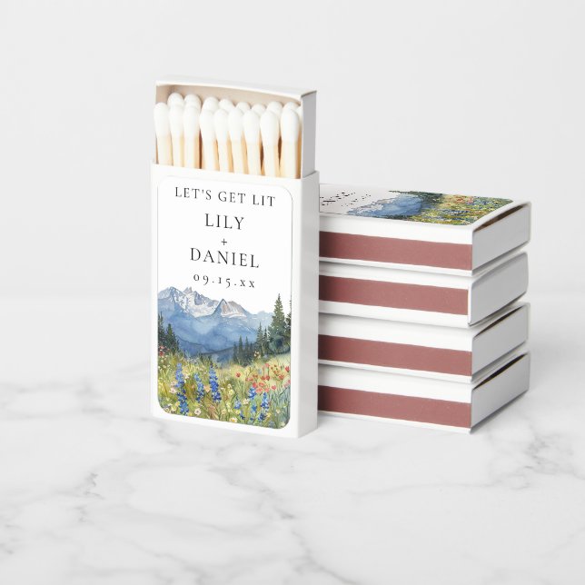 Lets Get Lit Mountain Wildflowers Wedding Matchboxes (Stacked)