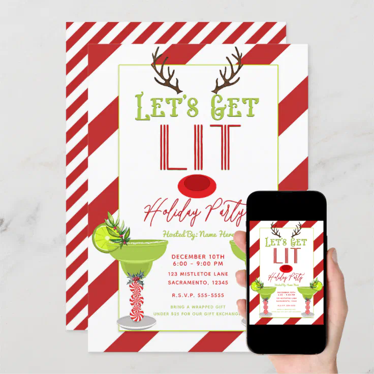 Let's Get Lit Reindeer Holiday Cocktail Party Invitation | Zazzle