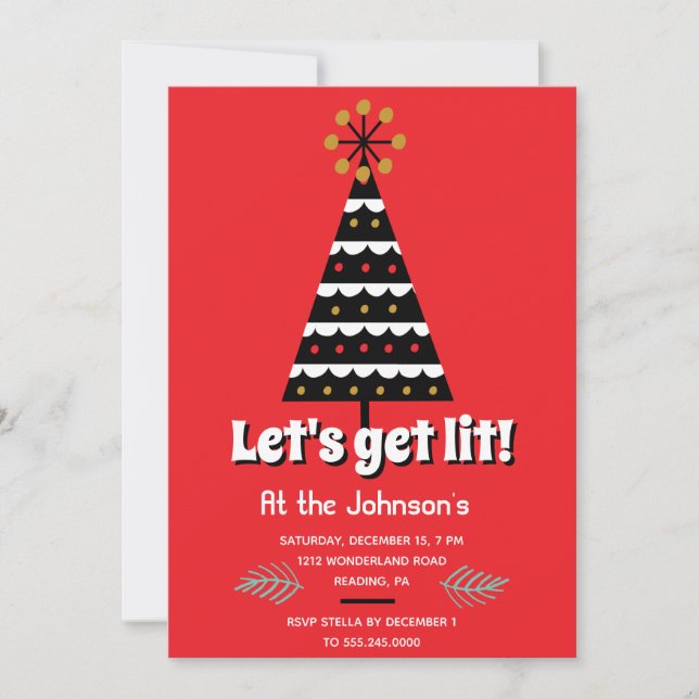 Let's Get Lit Retro Christmas Party Holiday Card (Front)