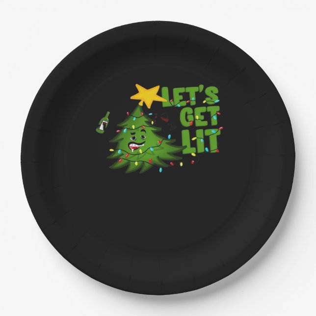 Let's Get Lit Tipsy Christmas Tree Funny Essential Paper Plates (Front)