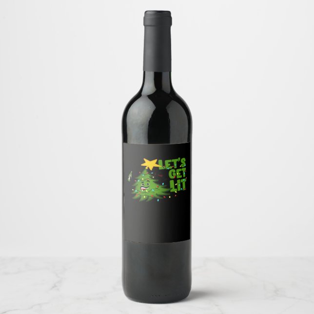 Let's Get Lit Tipsy Christmas Tree Funny Essential Wine Label (Front)