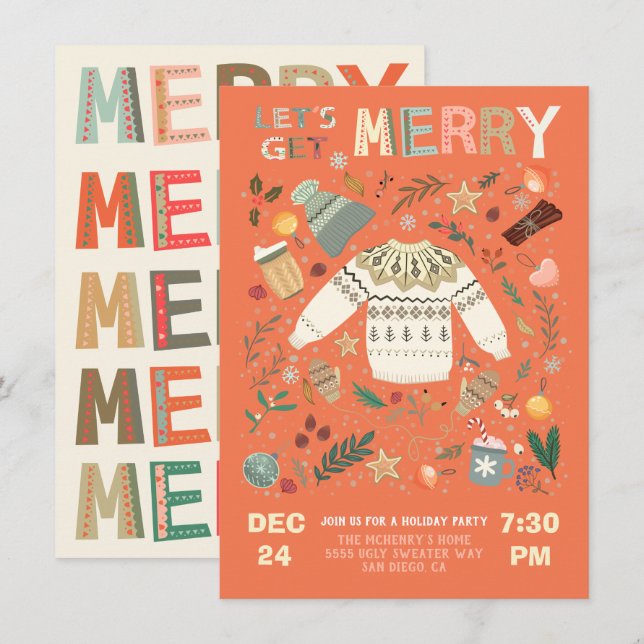 Let's Get Merry Holiday Christmas Party Sweater Invitation (Front/Back)