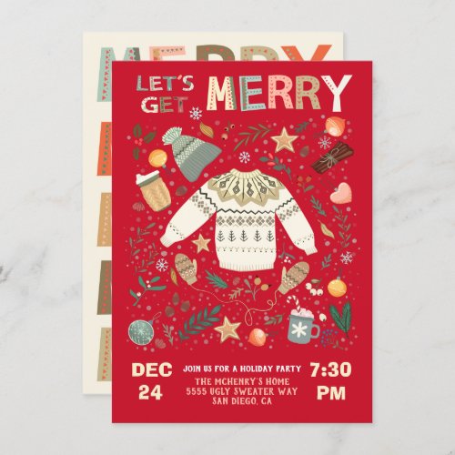 Lets Get Merry Holiday Christmas Party Sweater Invitation