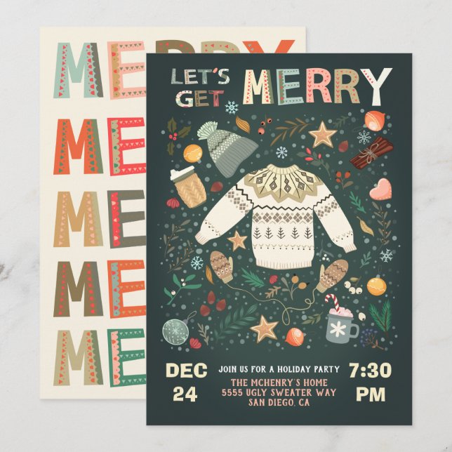 Let's Get Merry Holiday Christmas Party Sweater Invitation (Front/Back)