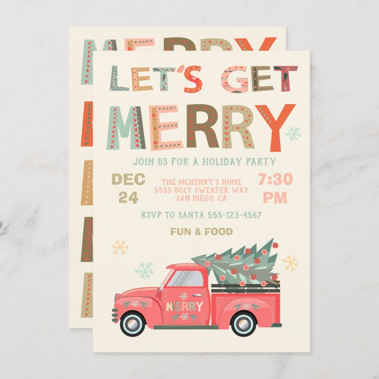 Let&#39;s Get Merry Holiday Christmas Truck Tree Invitation