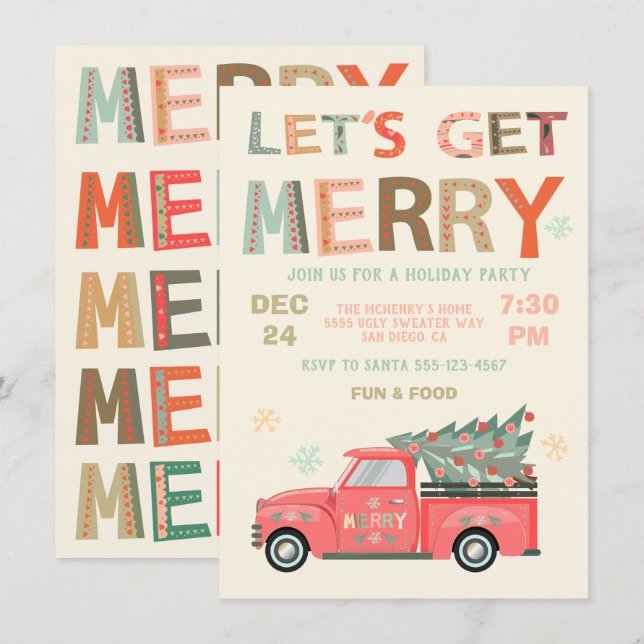 Let's Get Merry Holiday Christmas Truck Tree Invitation (Front/Back)