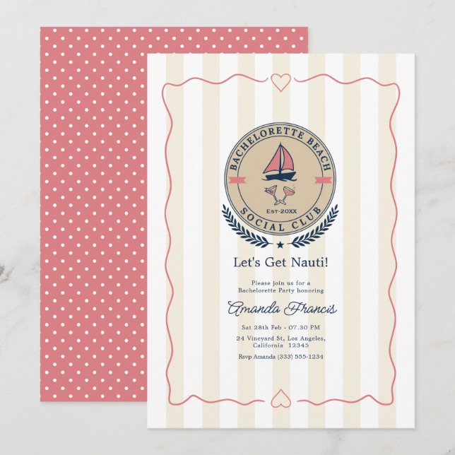 Let's Get Nauti Preppy Beach Club Bachelorette Invitation (Front/Back)