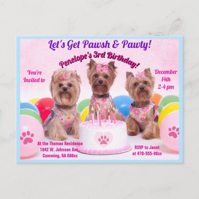 Let's Get Pawsh & Party Birthday Personalized Invitation Postcard (Front)