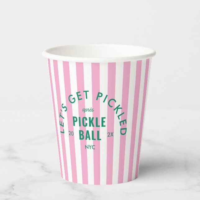 Let's Get Pickled Après Pickle Ball Pink Stripe Paper Cups (Front)