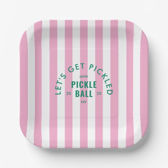 Let's Get Pickled Après Pickle Ball Pink Stripe Paper Plates (Front)