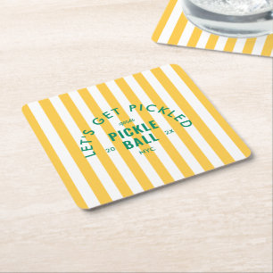Let's Get Pickled Après Pickleball Yellow Stripe Square Paper Coaster