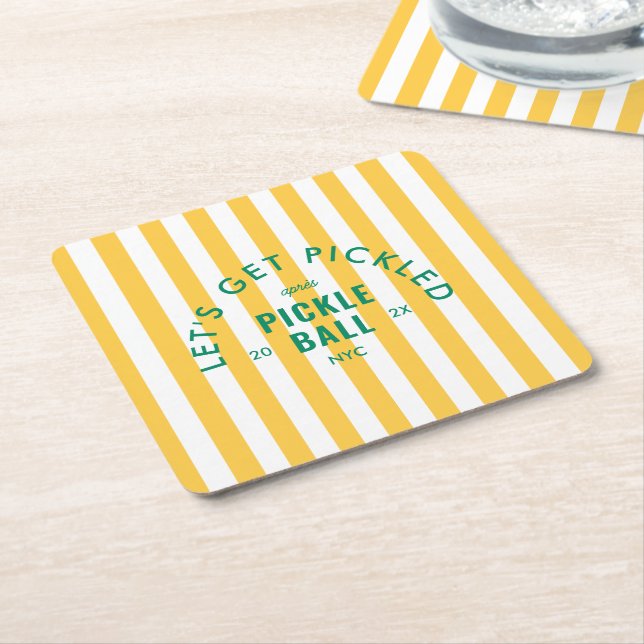 Let's Get Pickled Après Pickleball Yellow Stripe Square Paper Coaster (Angled)