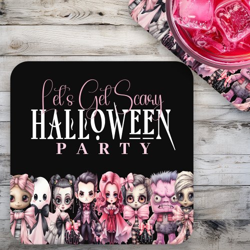 Lets Get Scary _ Pink Halloween Party Square Paper Coaster