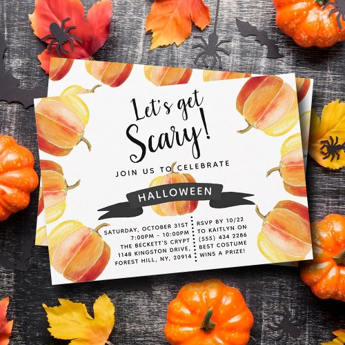 Lets Get Scary Watercolor Pumpkin Halloween Party Invitation