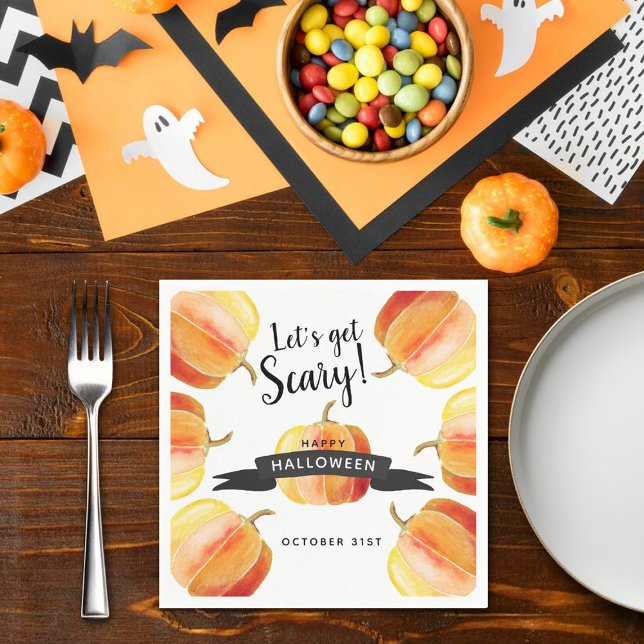 Let's Get Scary Watercolor Pumpkin Halloween Party Napkins (Creator Uploaded)
