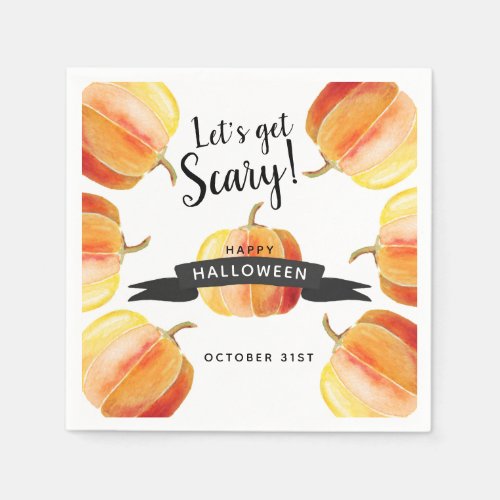 Lets Get Scary Watercolor Pumpkin Halloween Party Napkins