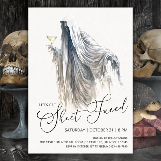 Let's Get Sheet Faced, Ghost Martini Halloween Invitation (Let's get sheet faced Halloween invitation, ragged ghost with martini)
