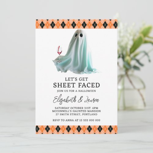 Lets Get Sheet Faced Halloween Editable Ghost Wine Invitation