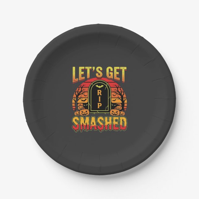 Lets Get Smashed Halloween Pumpkin Graveyard Paper Plates (Front)