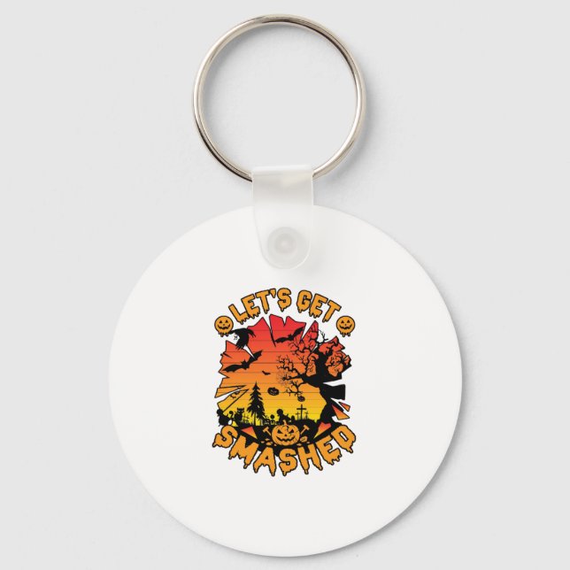 Lets Get Smashed Halloween Pumpkin Spooky Tree Bat Keychain (Front)
