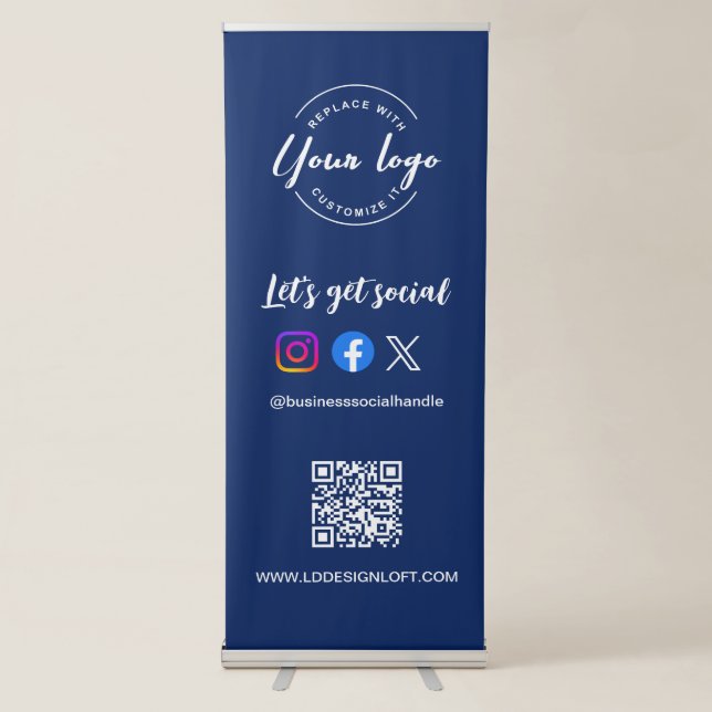 Let's Get Social Media QR code website blue logo Retractable Banner (Front)