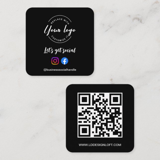 Let's Get Social Media QR code website Custom logo Square Business Card (Front/Back)