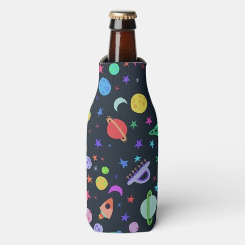 Lets Get Some Space Planets  UFOs Pattern Bottle Cooler