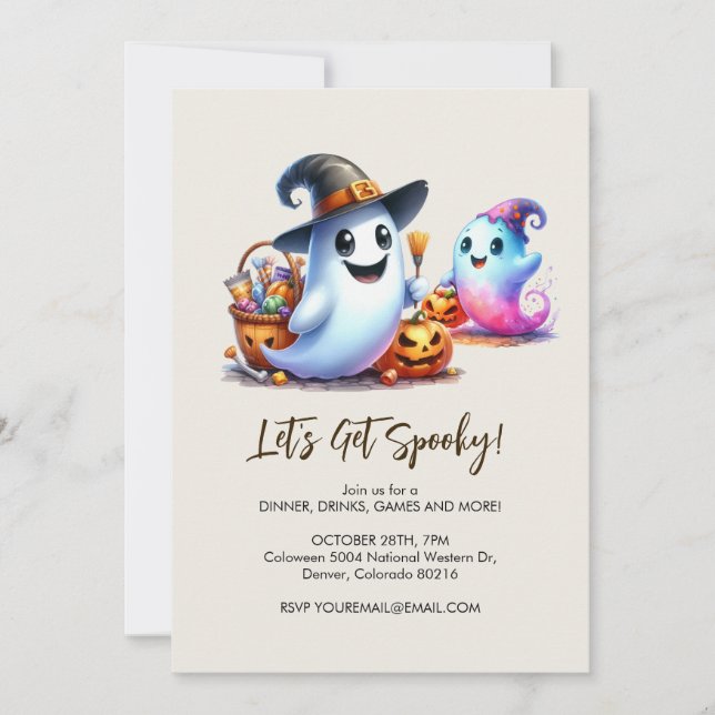 Let's Get Spooky, 2 Cute Ghost Halloween Invitation (Front)