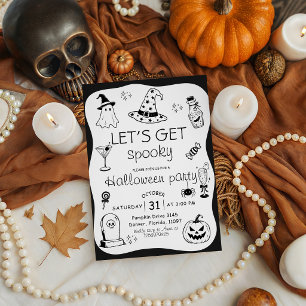 Lets Get Spooky Black White Doodle Halloween Invitation