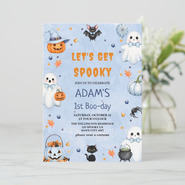 Let's get spooky Halloween 1st Boo-day Birthday Invitation (Standing Front)
