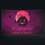 Let's Get Spooky Halloween Any Age Birthday Party Banner<br><div class="desc">Modern Halloween design for spooktacular birthday party with scary pumpkin on purple pink moon background and pumpkins and flying bats. A gender-neutral design,  perfect for October celebrations! Template is easy to personalize.</div>