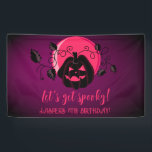 Let's Get Spooky Halloween Any Age Birthday Party Banner<br><div class="desc">Modern Halloween design for spooktacular birthday party with scary pumpkin on purple pink moon background and pumpkins and flying bats. A gender-neutral design,  perfect for October celebrations! Template is easy to personalize.</div>
