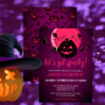 Let's Get Spooky Halloween Any Age Birthday Party Invitation<br><div class="desc">Modern Halloween design for spooktacular birthday party with scary pumpkin on purple pink moon background and pumpkins and flying bats on the backside. A gender-neutral design,  perfect for October celebrations! Birthday party template is easy to customize.</div>