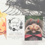 Let's Get Spooky Halloween Any Age Photo Birthday Invitation<br><div class="desc">Halloween birthday party invitations. This modern design features a hand-drawn frame of Halloween elements: a spider, cobwebs, a black cat, a witch's hat, a skull, bones, candy, and more! Inside, it reads "let's get spooky!" in a cute decorative font. Below that, the event information starts with "Join us for a...</div>