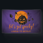 Let's Get Spooky Halloween Birthday Party  Banner<br><div class="desc">Modern Halloween design for spooktacular birthday party with scary pumpkin and orange moon purple background. A gender-neutral design,  perfect for October celebrations! Template is easy to personalize.</div>
