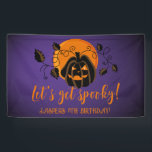 Let's Get Spooky Halloween Birthday Party  Banner<br><div class="desc">Modern Halloween design for spooktacular birthday party with scary pumpkin and orange moon purple background. A gender-neutral design,  perfect for October celebrations! Template is easy to personalize.</div>