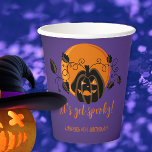 Let's Get Spooky Halloween Birthday Party  Paper Cups<br><div class="desc">Modern Halloween design for spooktacular birthday party with scary pumpkin and orange moon purple background. A gender-neutral design,  perfect for October celebrations! Template is easy to personalize.</div>