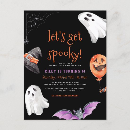 Let's Get Spooky! Halloween Black Birthday Party Postcard