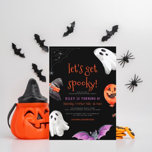 Lets Get Spooky Halloween Black Birthday Party Postcard